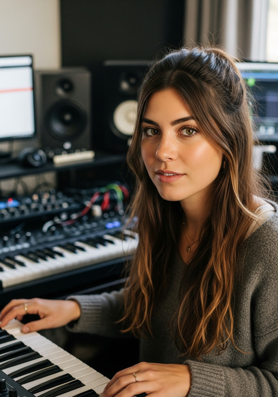 Lyra in her home studio with MIDI keyboard and production equipment