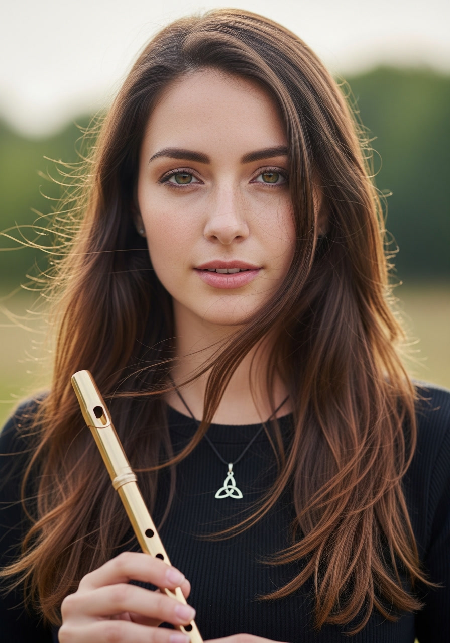 Lyra outdoors holding a traditional Celtic tin whistle