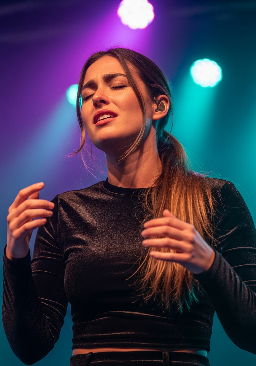 Lyra performing live on stage with concert lighting