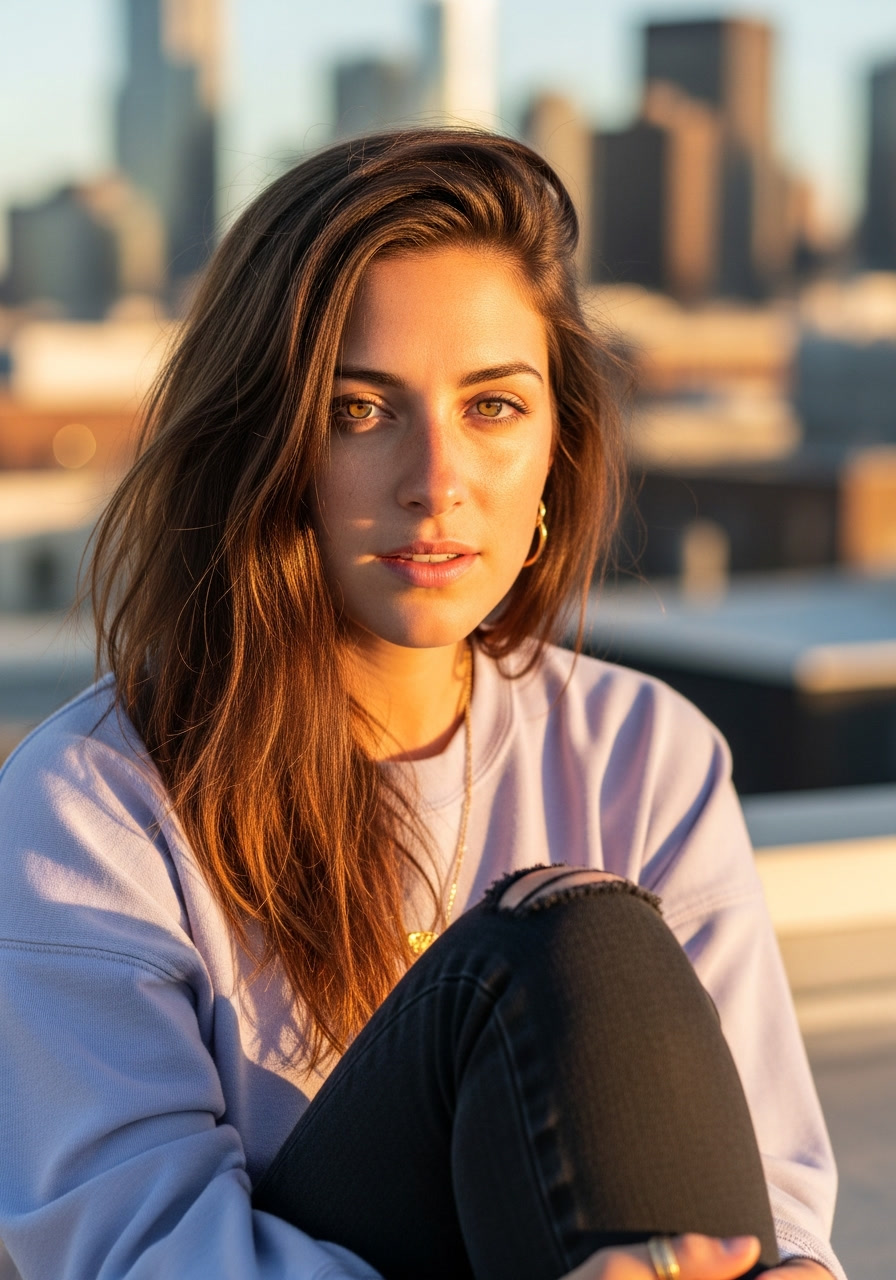 Lyra relaxing on urban rooftop at golden hour