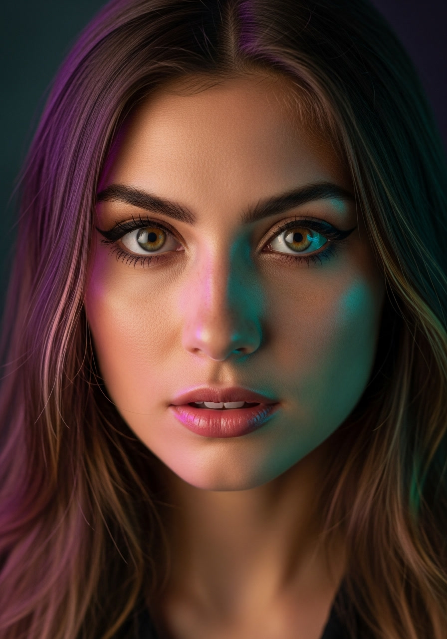 Dramatic portrait of Lyra with purple and teal artistic lighting